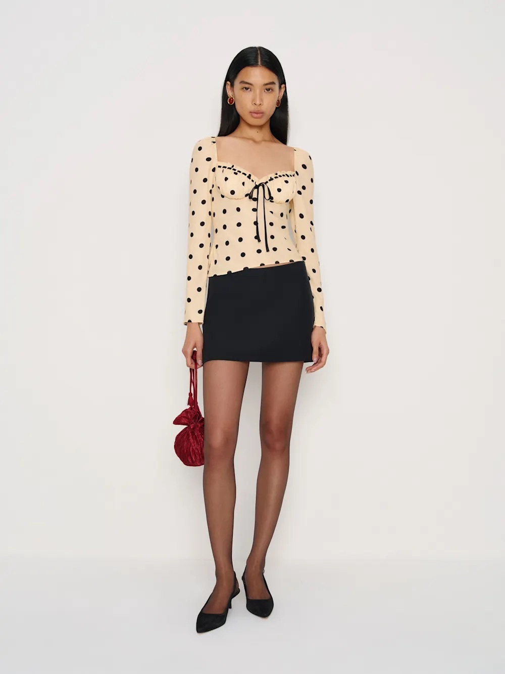 Reformation Beige Polka Dot Tie-Front Long Sleeve Top - Picture 4 of 4